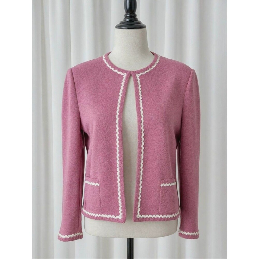 Vintage Castleberry Dusty Rose Scallop Trim Preppy Chic Knit Cardigan Jacket
